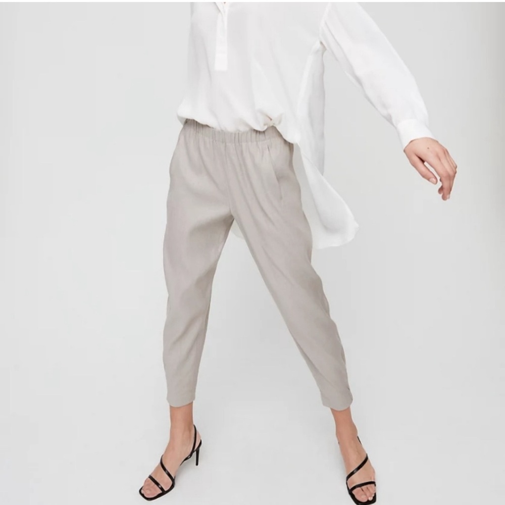 Babaton Aritzia Dexter Pull On Linen Blend Pants Trace Khaki Tan Medium Cropped